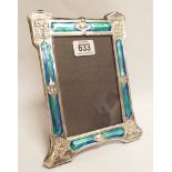 Hallmarked silver easel photograph frame with blue green art nouveau style decoration,