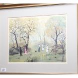 Gilt framed Helen Bradley print of figures in landscape