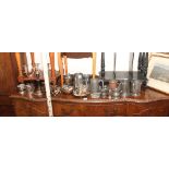 Plated candelabra and various other plated items, pewter tankards, measures etc.