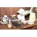 Fruit comport, assorted china, glass paperweight, iron trivets etc.