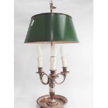 Vintage French silver plated candelabra style lamp base with original green enamelled tin shade.