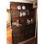 4'6 reproduction oak Welsh style dresser with leaded glass cabinet back