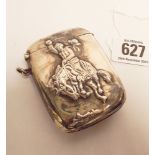 Large sterling silver vesta case with embossed Remington style cowboy decoration