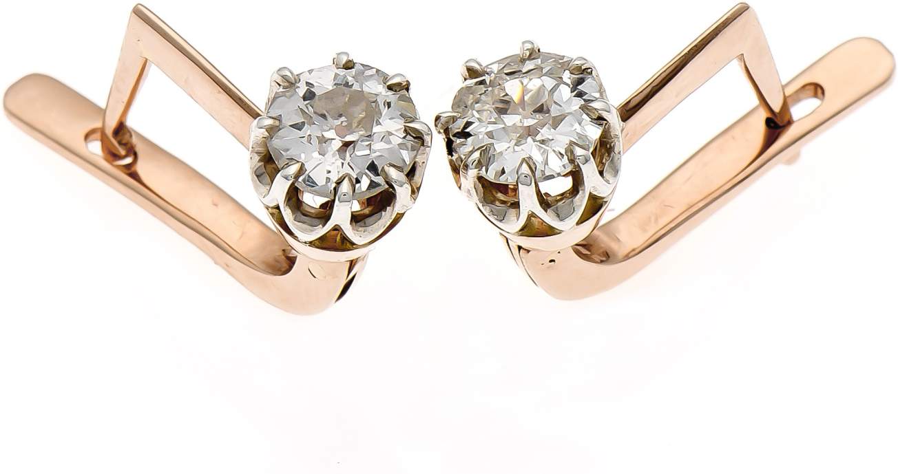 Altschliff-Diamant-Ohrringe RG 56 (585/000) Russland um 1900, mit jeweils  einemAltschliff-Diamant