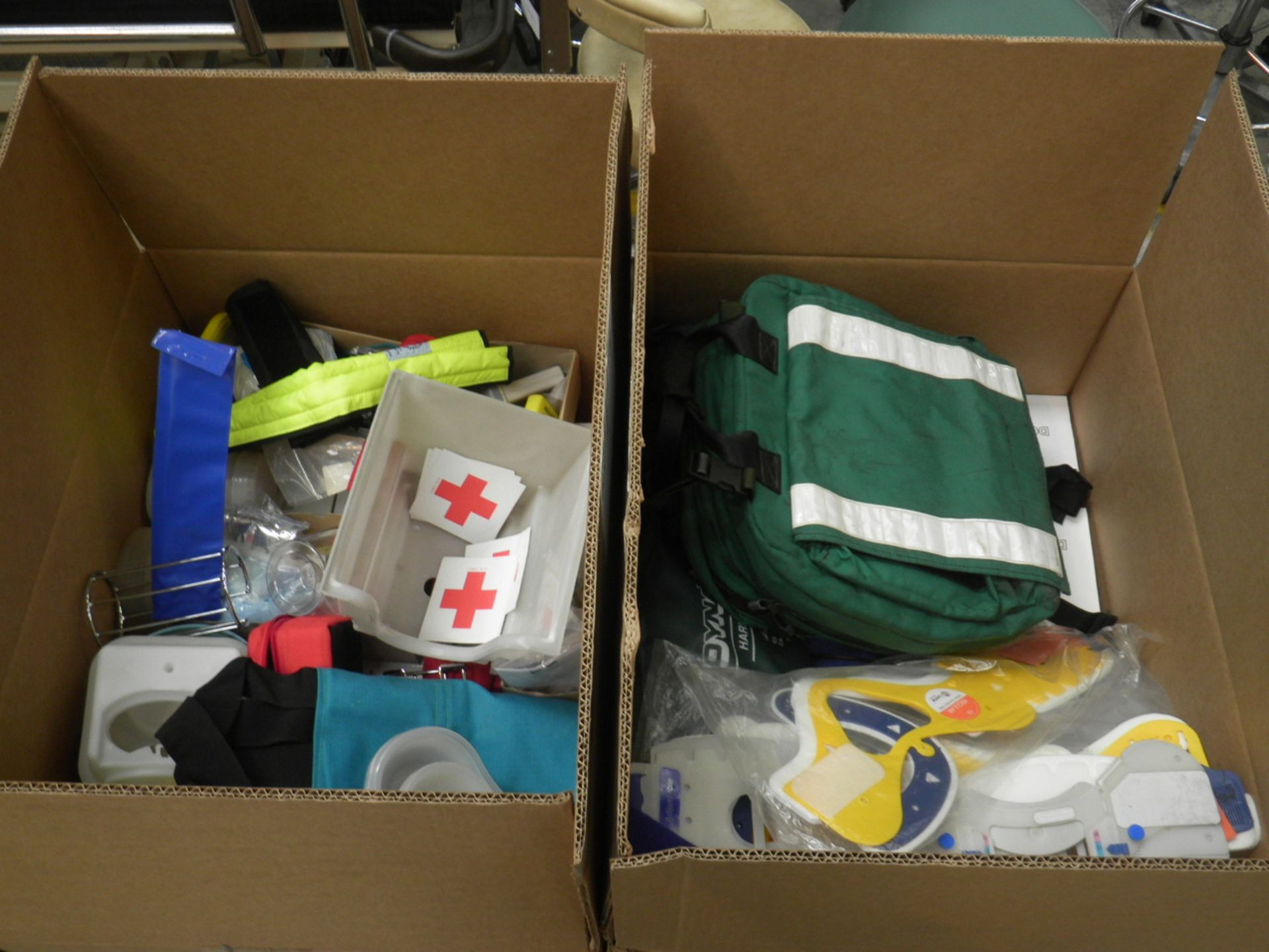 2 x Large Boxes of Surplus Medical Equipment Including Body Splint, Airway Masks, Stiffneck Collars,
