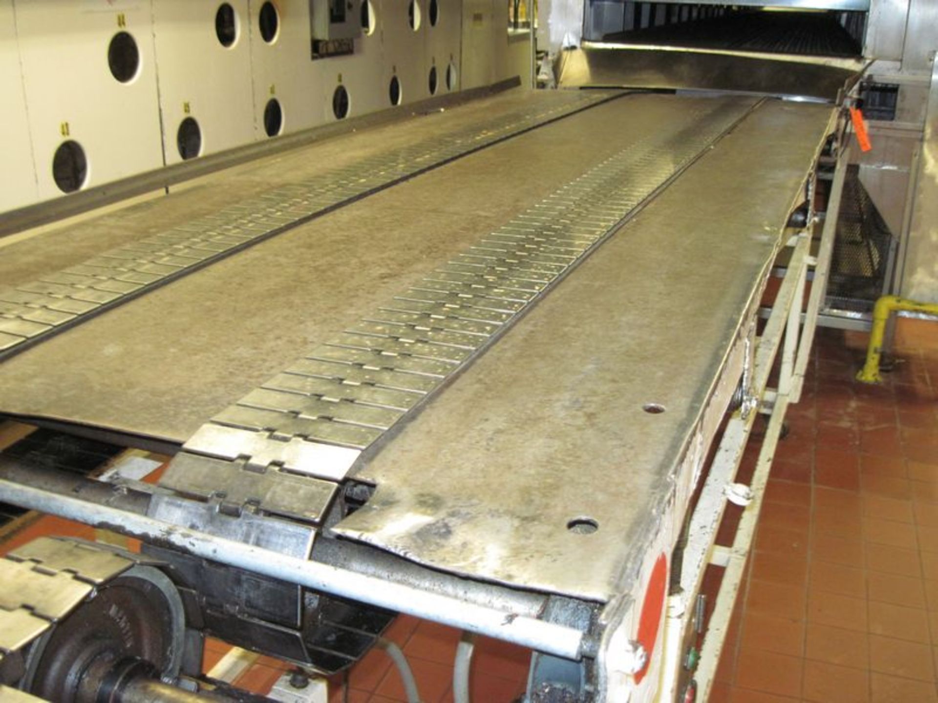 Dual metal table top belt conveyor. (2) Approximate 6" wide x 11' long belts. With approximate 1hp