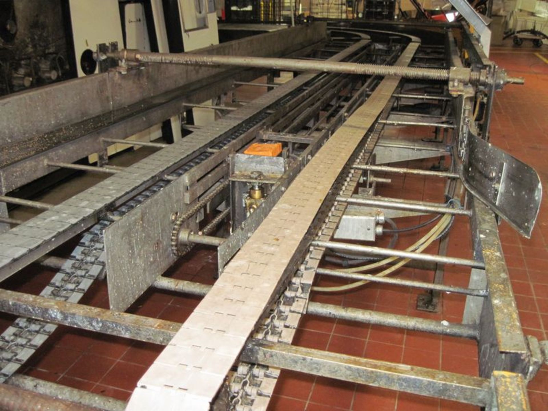 Dual plastic table top belt conveyor. (2) Approximate 3" wide x 15' long belts. With approximate 2hp
