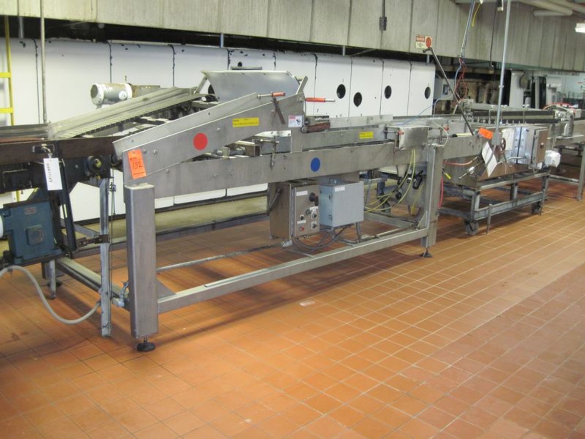 Depositor system with (1) depositor head, dual stainless steel table top pan turnover conveyor