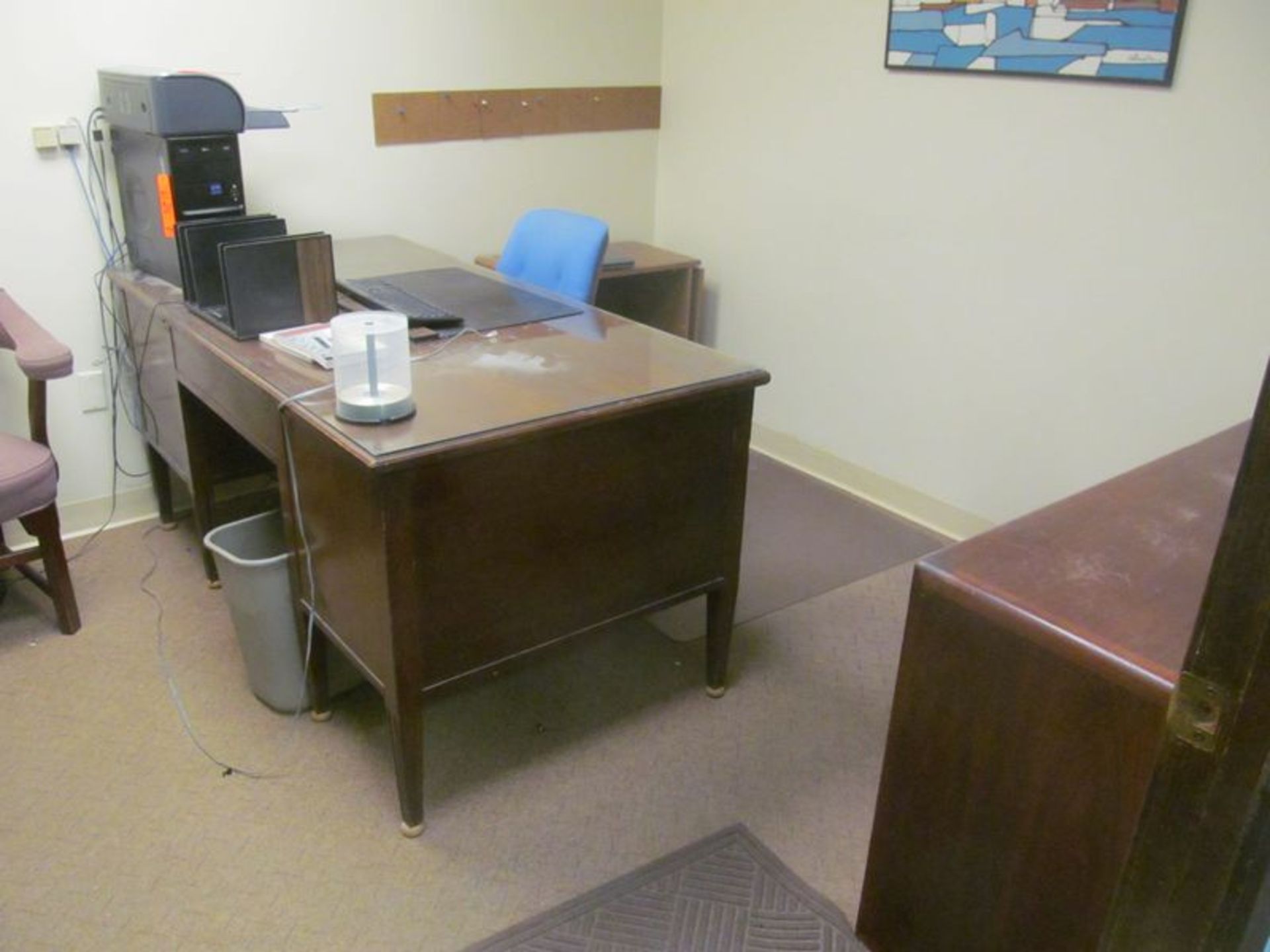 Lot ass't office furniture includes (2) desks, credenza, bookcase, wood lateral 2-drawer file