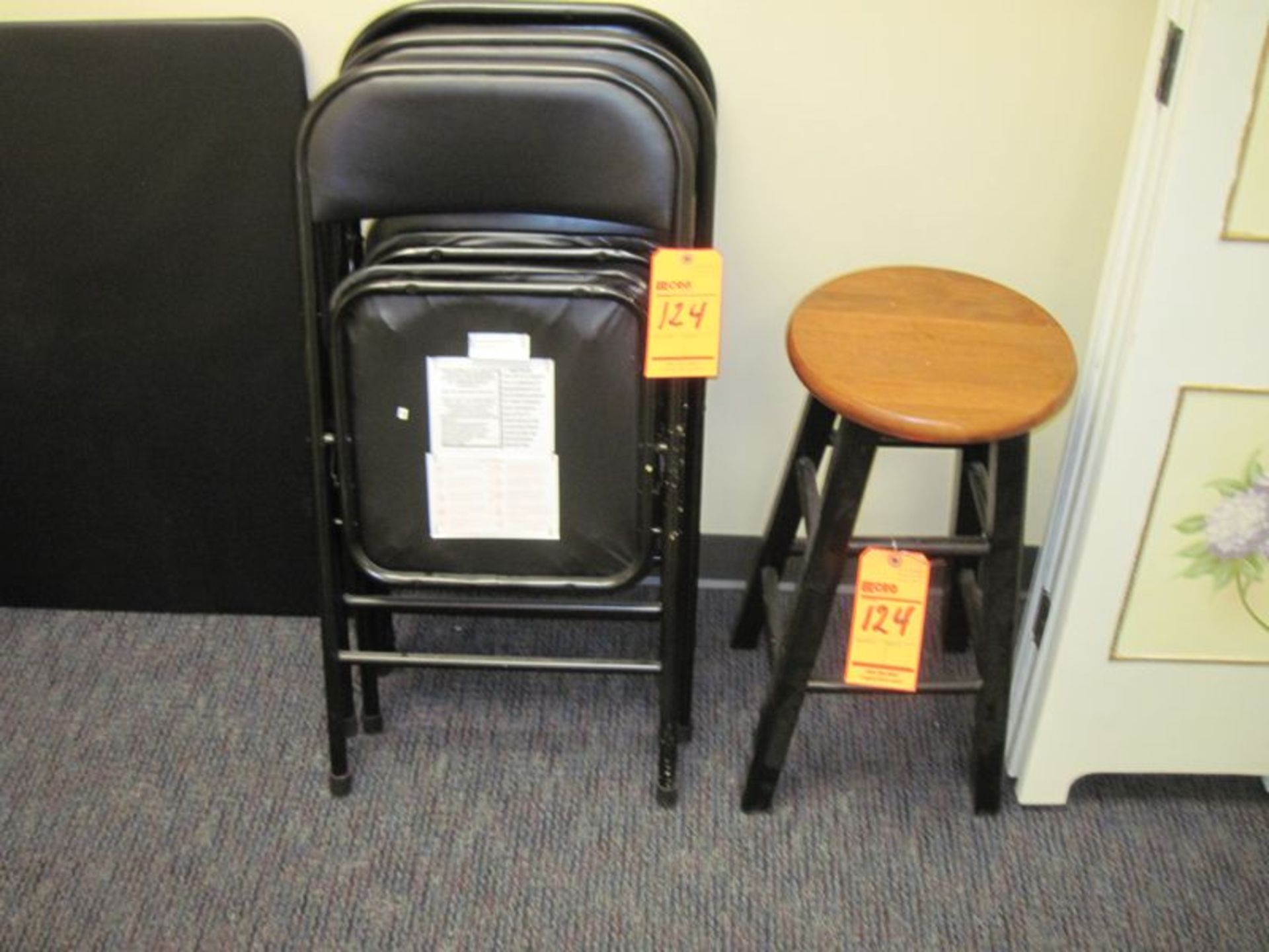 Lot includes (6) ass't folding chairs, side chairs and bar stool and (2) folding tables