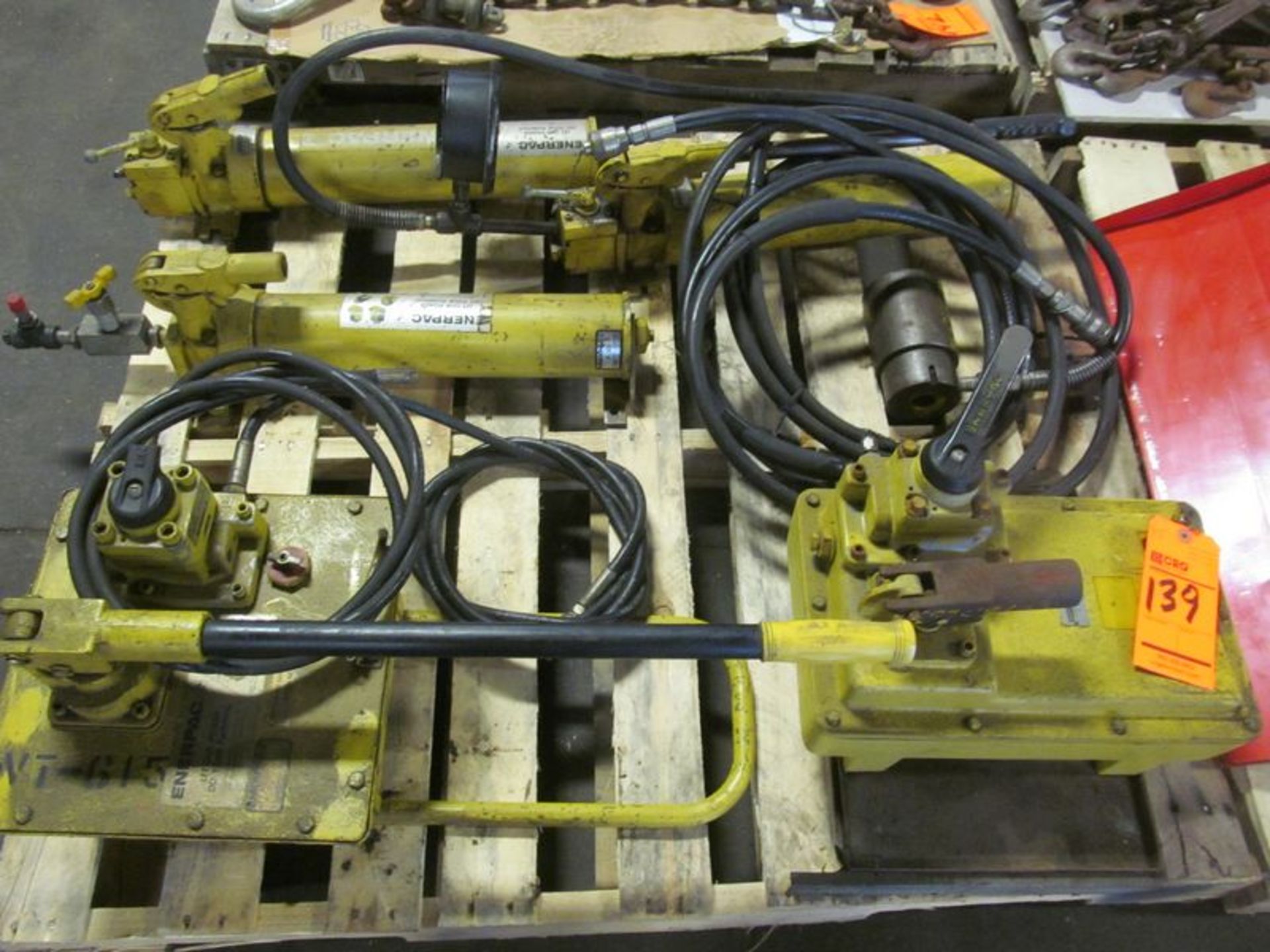 Lot ass't Enerpac hydraulic porta power pumps, etc.