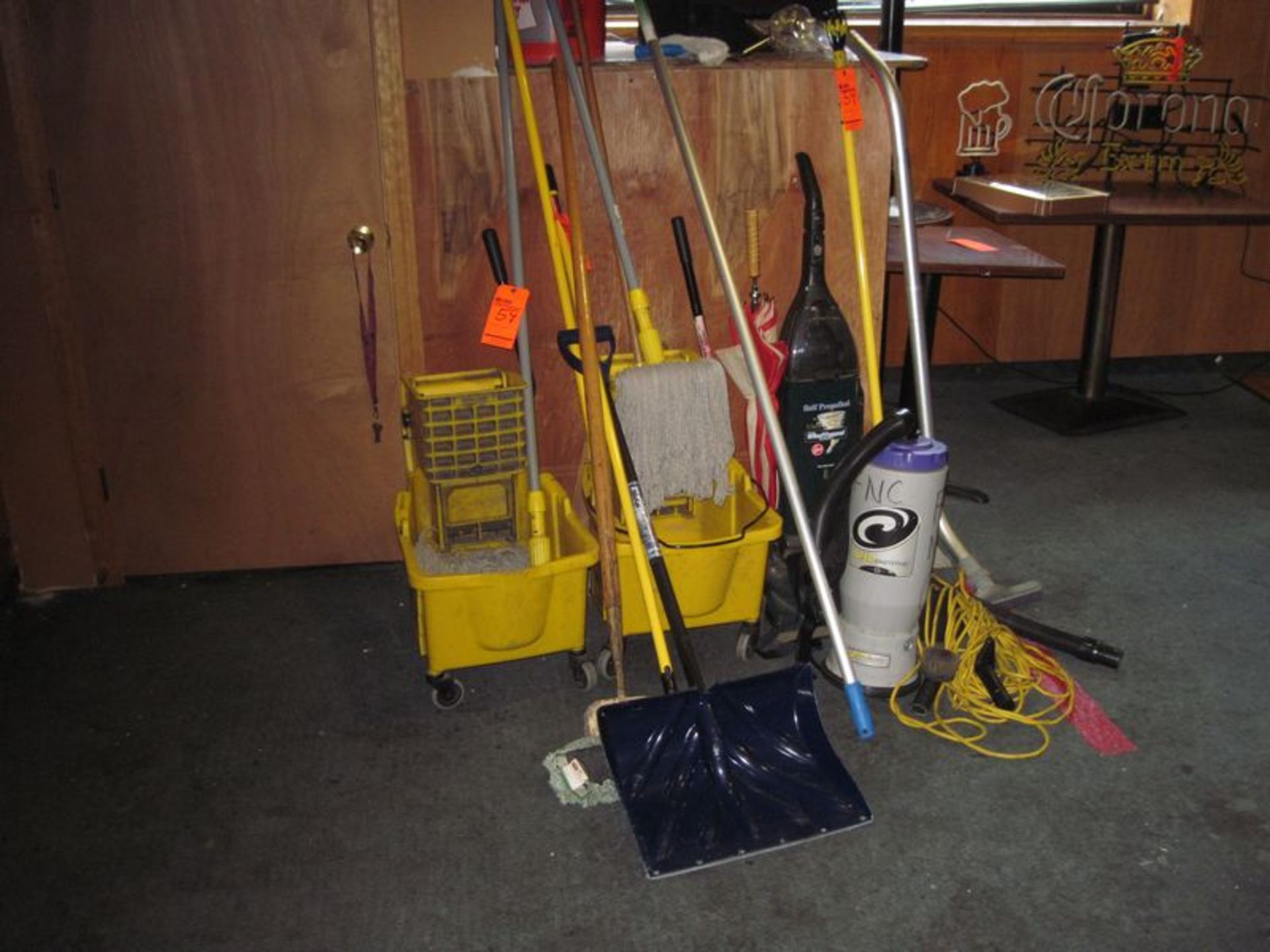 Lot ass't cleaning tools; (2) mop buckets, (2) vacs, and misc.