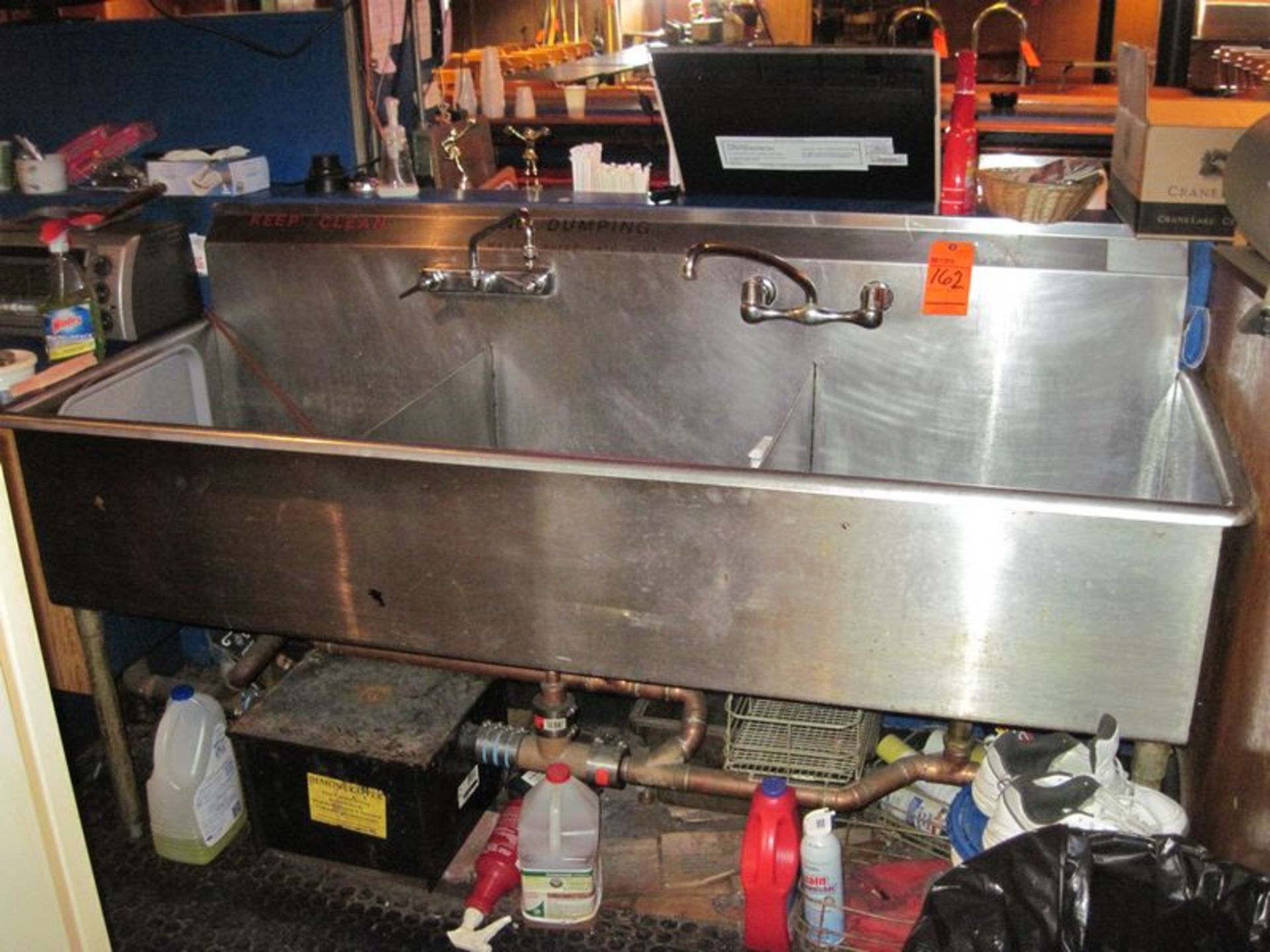 3-Bay SS sink, (2) faucets, grease trap, approx. 75" X 27"