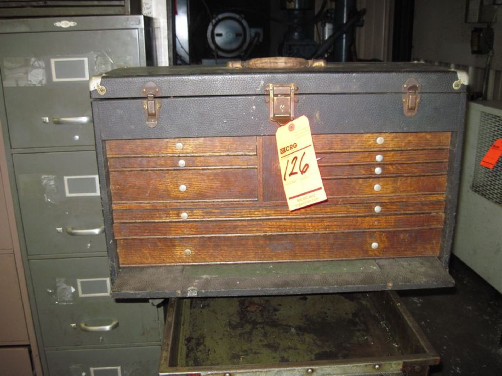 10-Drawer wood front tool box with ass't tools and shop cart