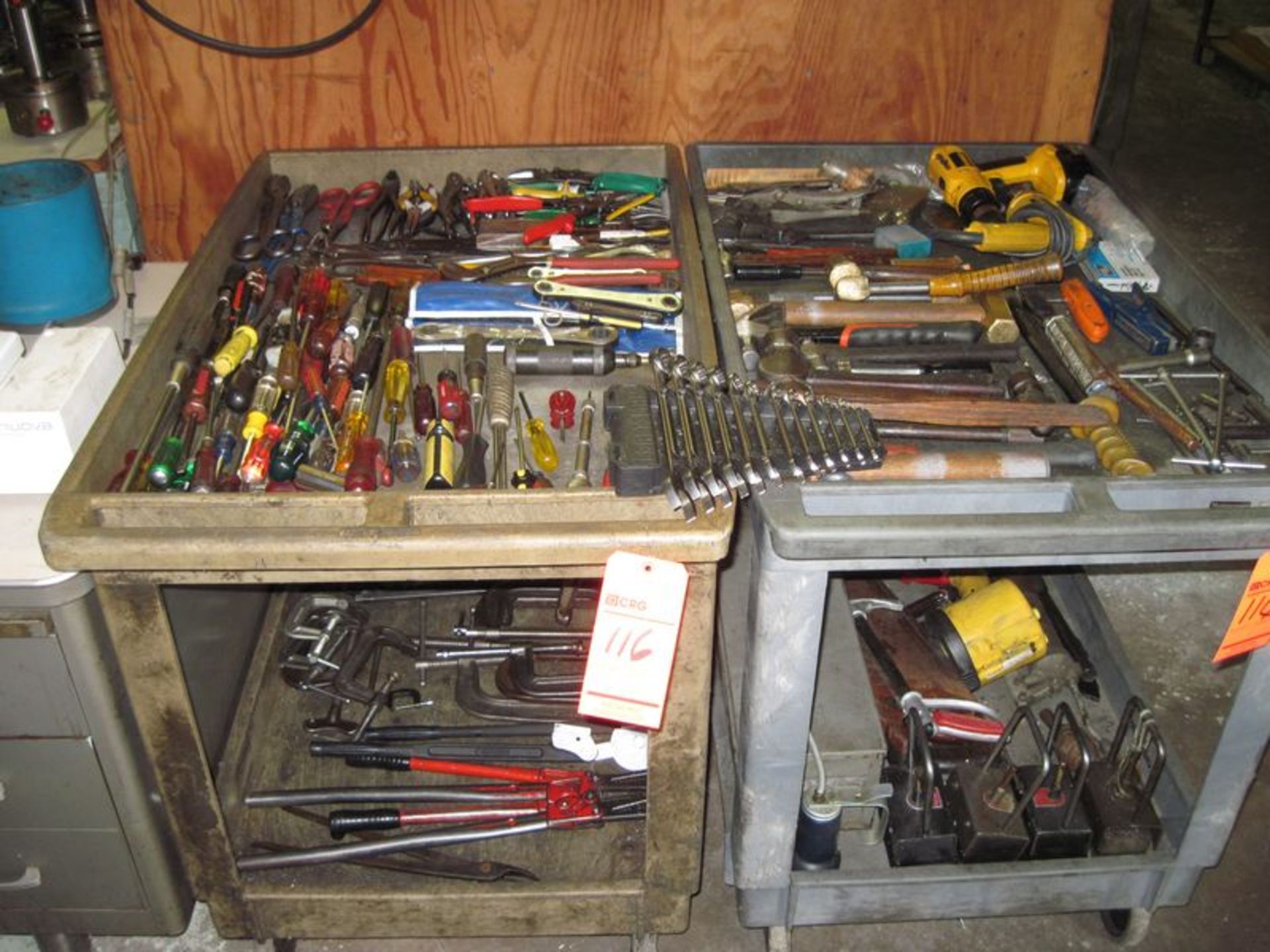 Lot ass't manual hand tools includes files, screw drivers, wrenches, oil cans, pry bars, c-clamps,