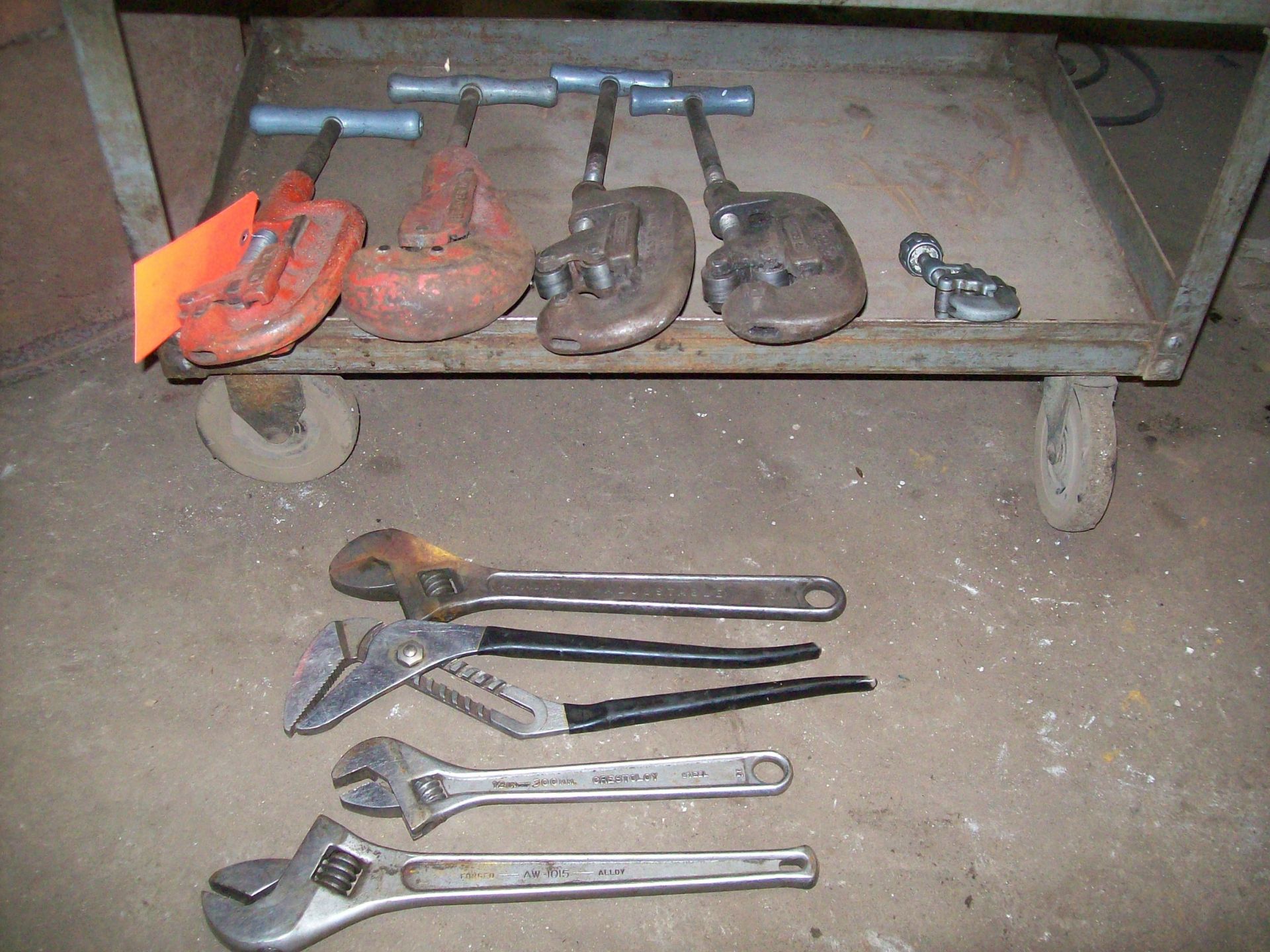 Lot (5) ass't manual pipe cutters with cart, (3) adjustable wrenches and (1) channel lock wrench - Image 2 of 2