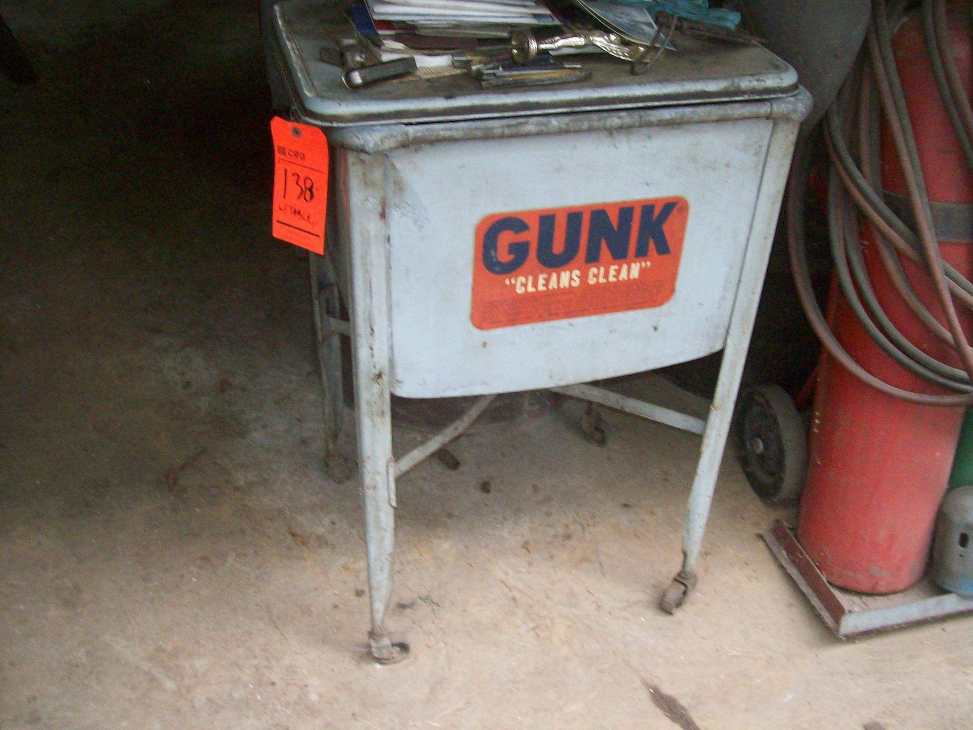Steel welding table, 3' X 4', with Gunk portable parts washer
