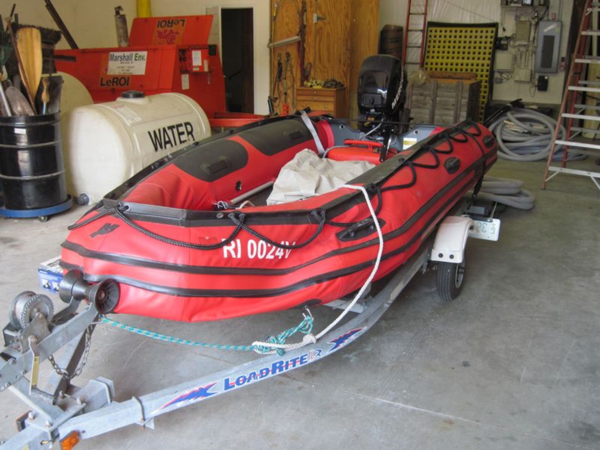 Mercury inflatable 12' X 5' boat, M/N AA80069M, with Mercury 15 HP four stroke motor, Load-Rite