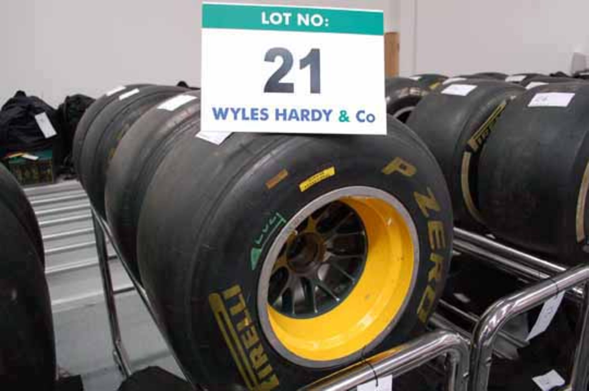 Two 2011 Show Front Wheel Rims mounted with PIRELLI Slick Show Tyres (One Front & One Rear)