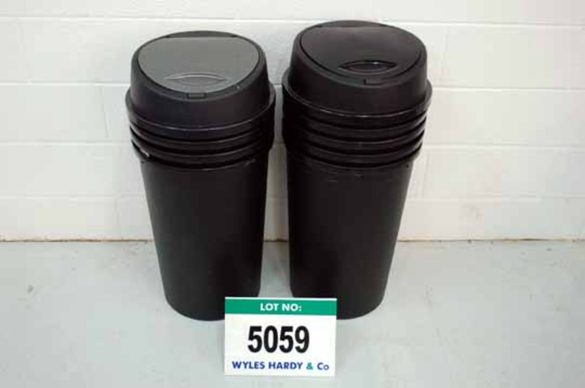 Twenty Four Plastic Cylindrical Dustbins with Fourteen Black Plastic Flip Top Bin Lids (Note DOLAV