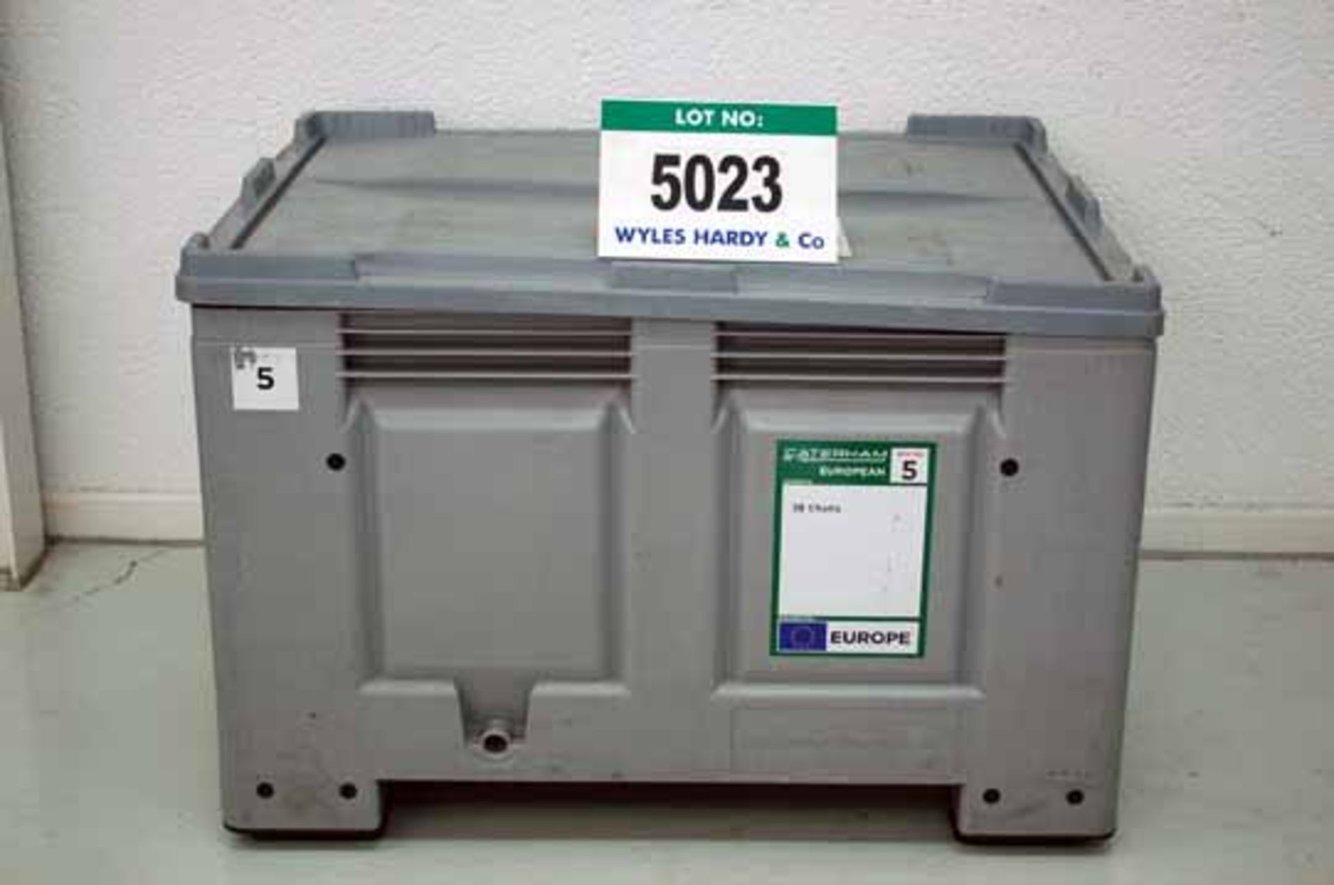 A Grey Plastic DOLAV Stacking & Fork Liftable Storage Container with Lid & Side Drop Flap,