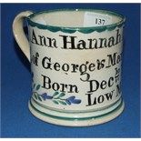 A Sunderland pottery birth mug, Ann Hannah Day Daughter of George & Mary Ann Day Born Decbr 25th