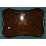 A mahogany tray, of waisted form, inlaid with scrolling flowers and foliage, 57 cm wide