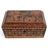 A Regency penwork sewing box, decorated Oriental and European figures taking tea, 24 cm wide  See