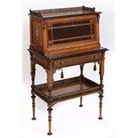 A Liberty style walnut writing cabinet, with inlaid decoration, the three quarter pierced gallery