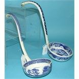 Two blue and white transfer printed ladles (a.f.) (2)