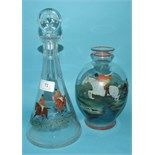 A glass decanter and stopper, decorated huntsmen, 27.5 cm high, and a glass carafe, decorated a