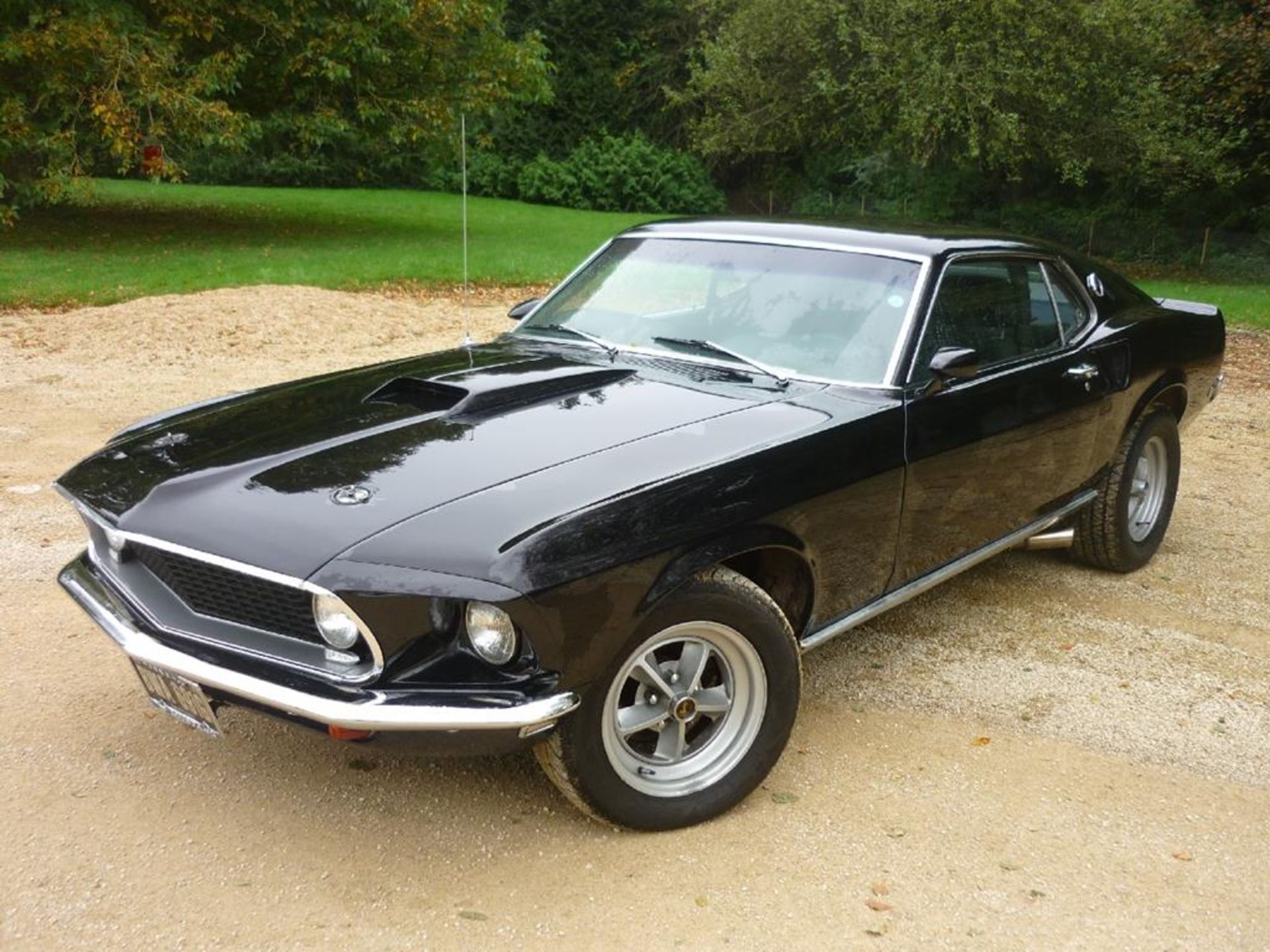 A 1969 Ford Mustang Fastback 351, registration number BWA 691G, chassis number 9T02H185415, black