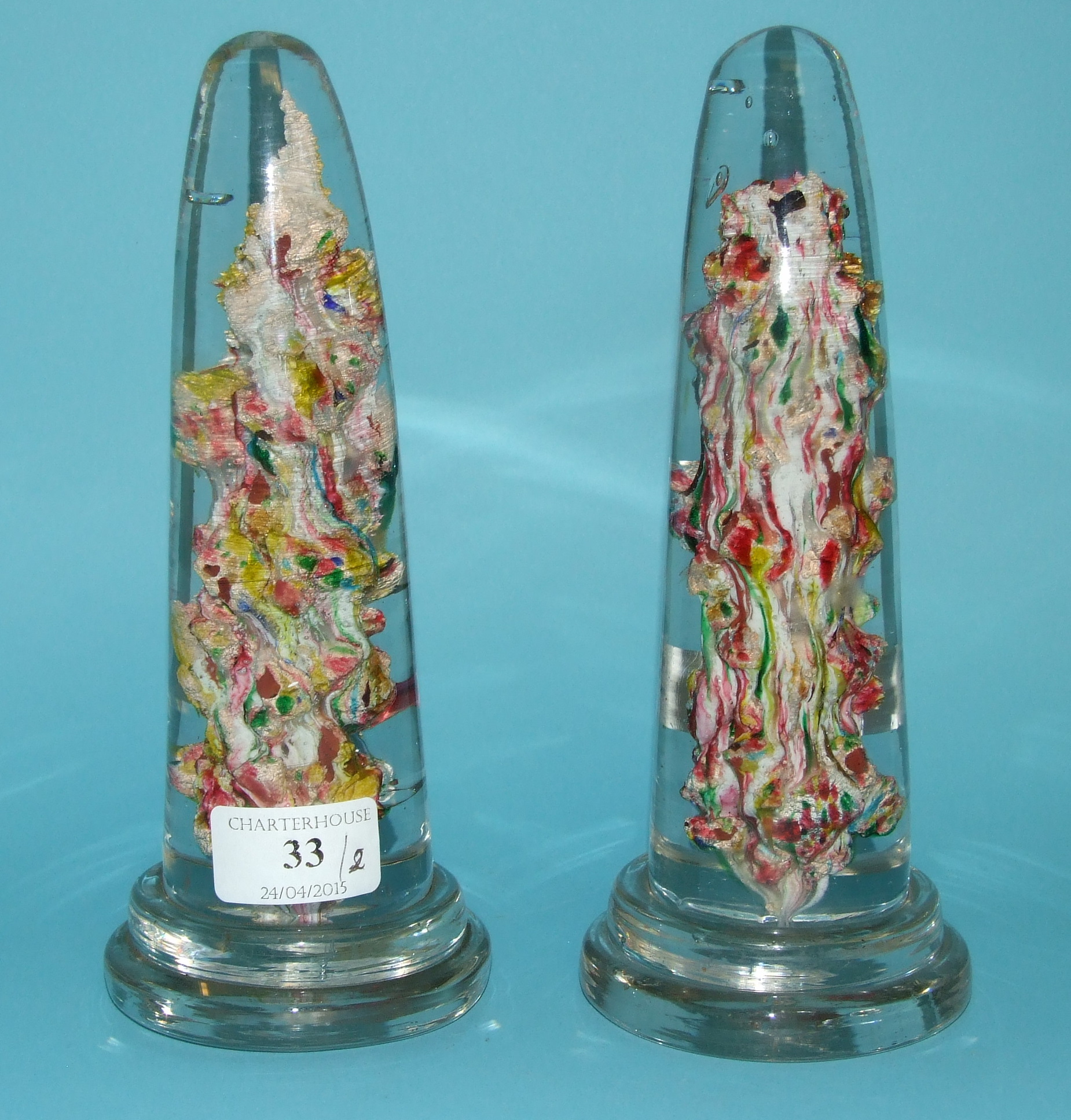A pair of French glass obelisk desk weights, 21.