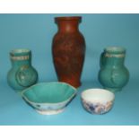 A Chinese earthenware vase, decorated a dragon, two Continental pottery drug jars (chipped),