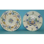 A tin glazed plate, the reverse signed R G, 35 cm diameter, and another similar (a.f.