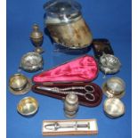 A horse hoof inkwell, with plated mounts, a pair of grape scissors, cased, various condiments,