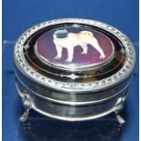 A silver and tortoiseshell oval trinket box, later applied a plaque decorated a pug dog Condition