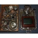 A silver plated teapot, stand and burner, a two handled tray, candlesticks,