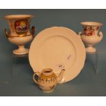 A Nantgarw porcelain plate, 24 cm diameter, a Crown Derby urn, decorated flowers, another similar,