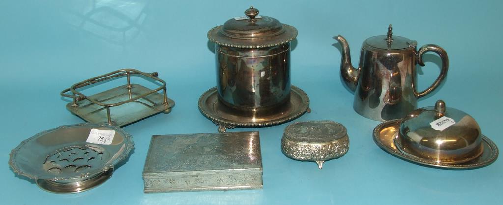 A silver plated biscuit barrel, and othe