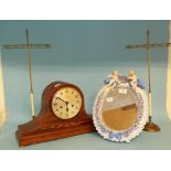 An inlaid mantel clock, a pair of table