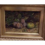 S Turton, a still life with plums and an
