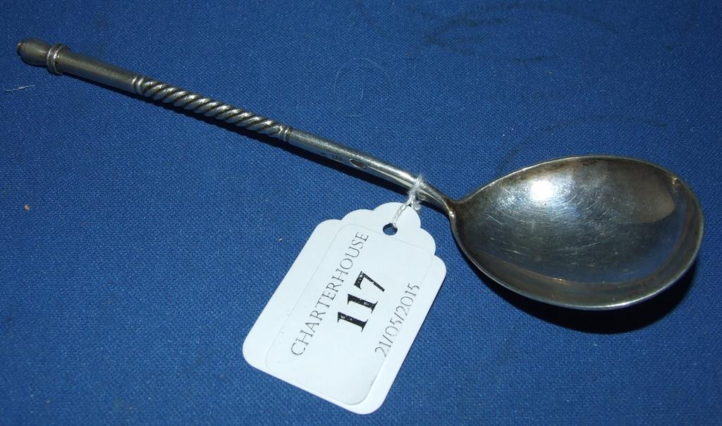 A Russian silver coloured metal spoon, w