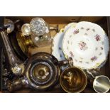 Assorted glassware, ceramics, metalware, a dressing mirror, pictures, a travelling trunk,