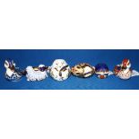 Six Royal Crown Derby paperweights, Sleeping Dormouse, Country Mouse, Twin Lambs, Swimming Duckling,