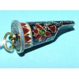 An Indian yellow coloured metal and enamel whistle, decorated birds, flowers and foliage Condition
