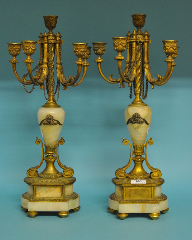 A pair of gilt metal and alabaster candelabra, - Image 3 of 3