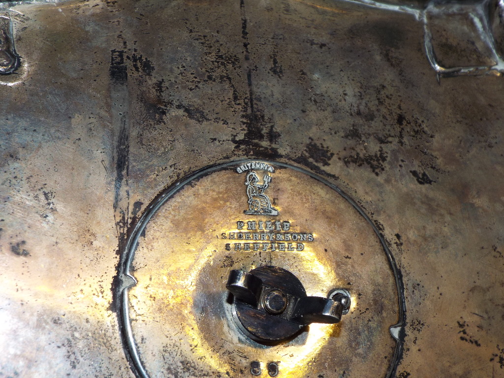 A Victorian silver plated ink stand, the central well with four elephant masks, flanked by a pair of - Image 2 of 9