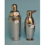 A cocktail shaker, in the form of a penguin, and another,