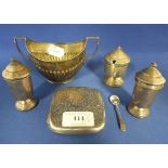 A silver cigarette case, initialled, Chester 1908, a silver sugar bowl, and a three piece cruet set,